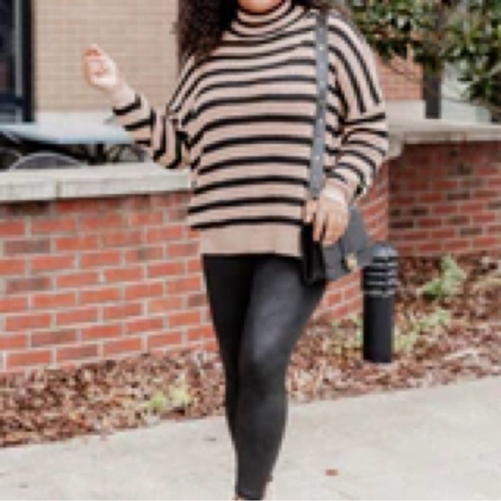 Pink Lily Boutique | KEEP ON SHINING BLACK AND TAN STRIPED TURTLENECK SWEATER
